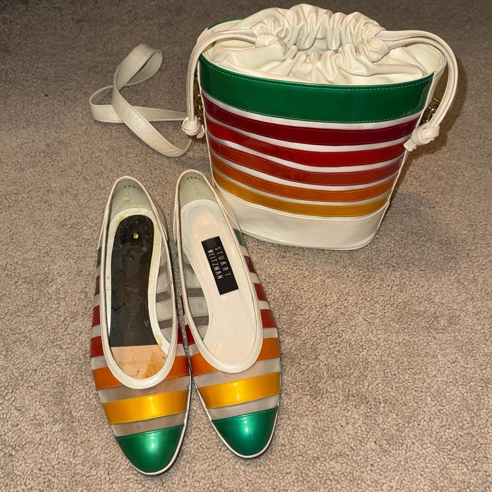 Stuart Weitzman White Multicolor Striped Ballet Flats with Matching Bucket Bag